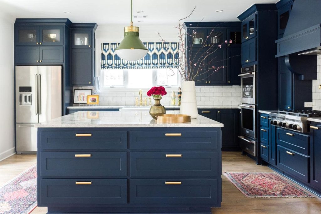 Dark gray cabinets in a colorful kitchen