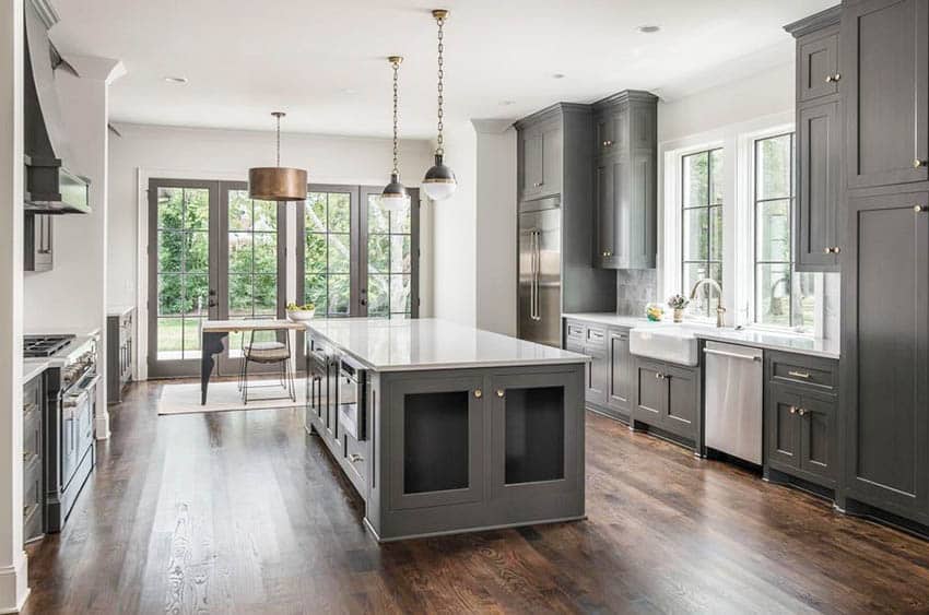 Dark gray cabinets with wooden flooring