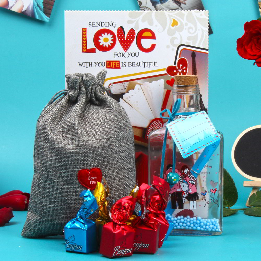 Chocolates, Personalized Message Bottle, and Valentine’s Day Card