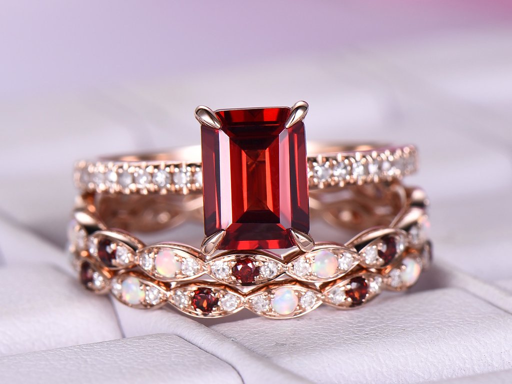 Red Garnet His and Her Trio Ring Set