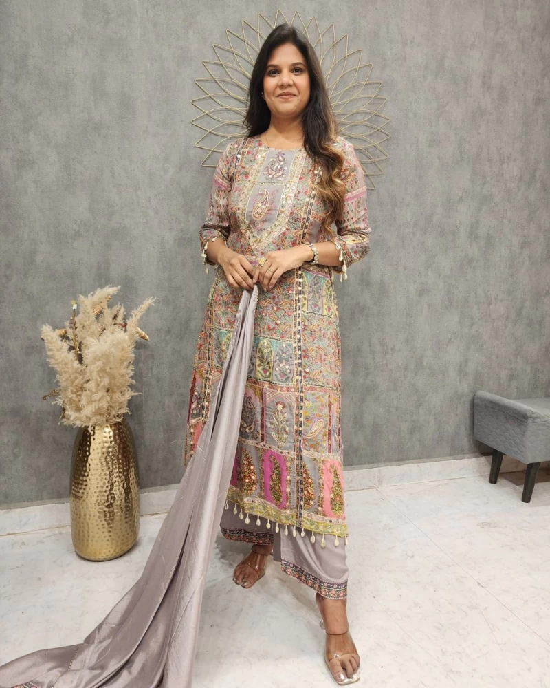 Pakistani suit Printed, Self Design Kurta, Palazzo & Dupatta Set
