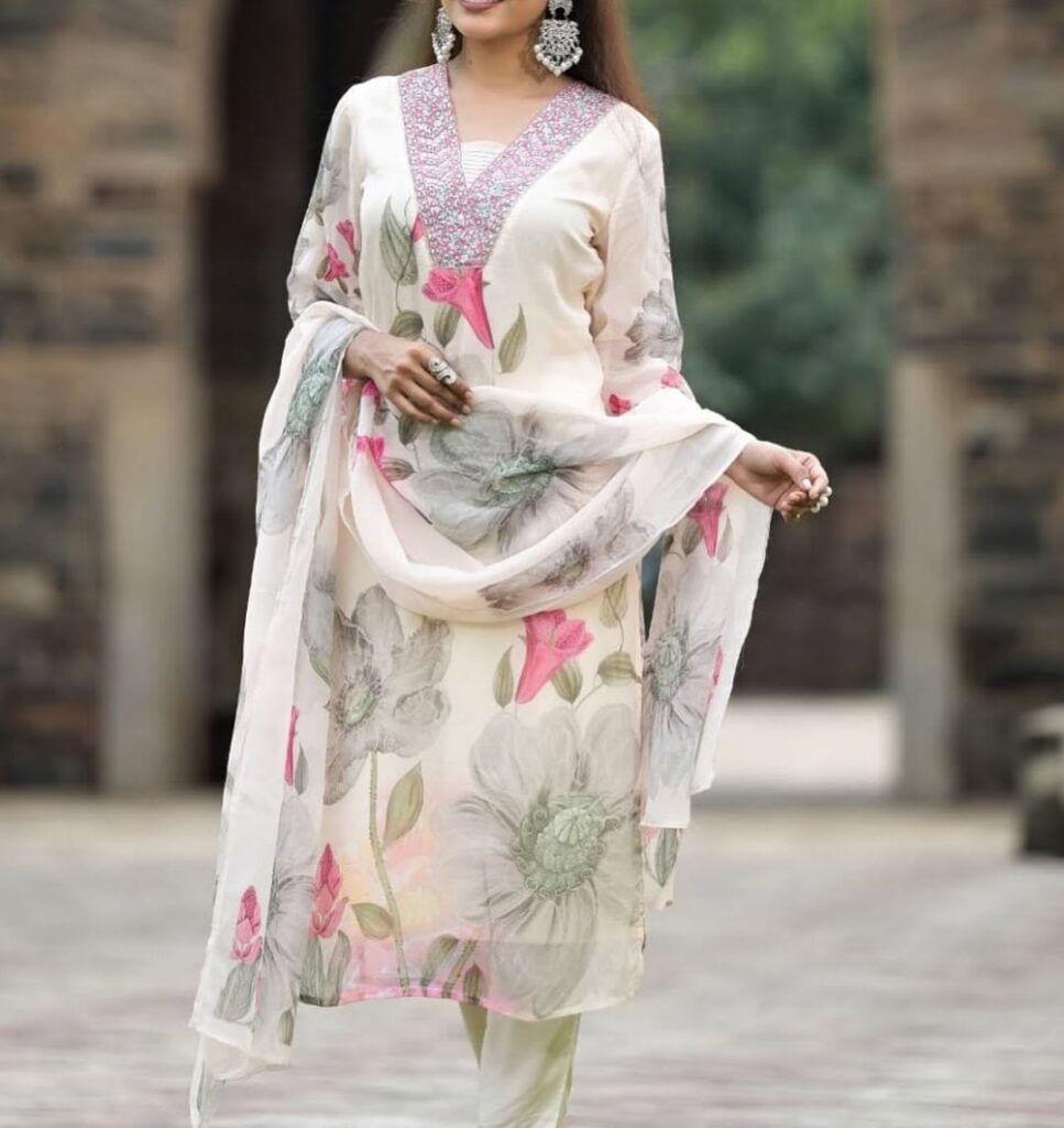 Stylish Embroidered Printed Kurta Pant and Printed Dupatta Set Printed Kurta, Trouser-Pant & Dupatta Set