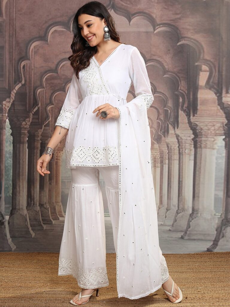 Women Pure Cotton Kurta Sharara Attached Dupatta Set