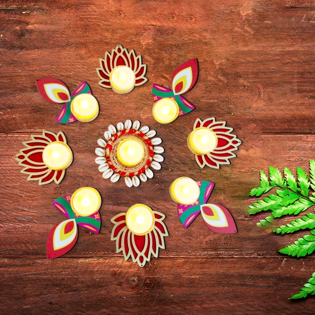 Diwali Decorative Tealight Candle Holder Rangoli Set With Diyas