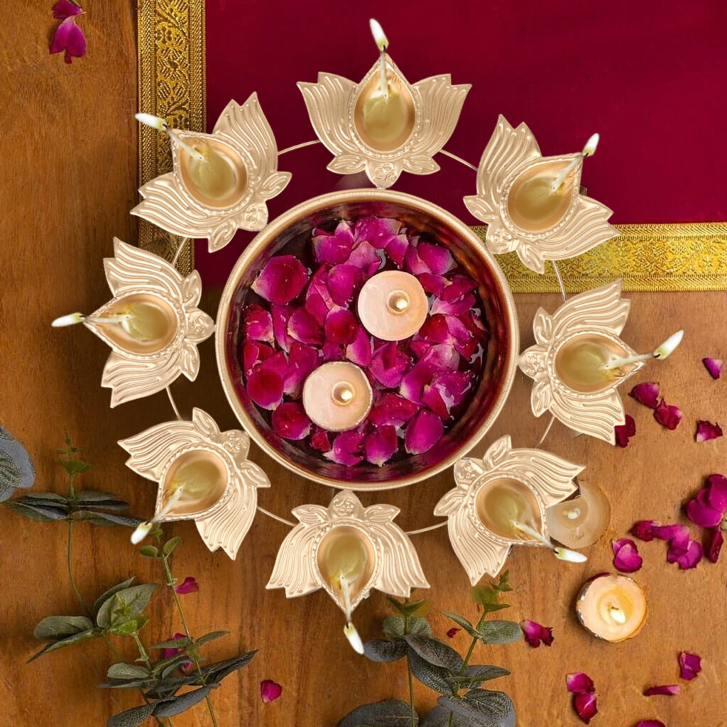 Gold Plated Urli Bowl With 8 Lotus Flower Oil Diyas