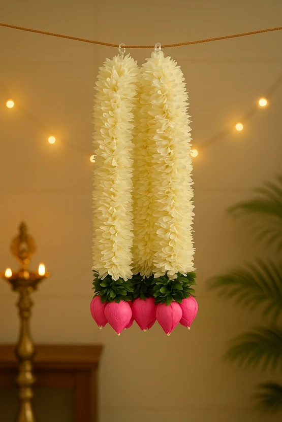 Obeero Artificial Garland with lotus Pink, White, Green Jasmine Artificial Flower