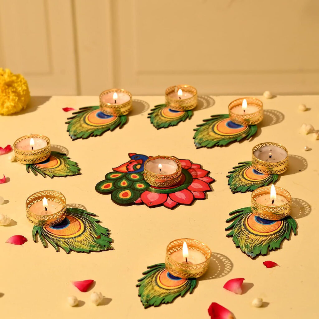 Peacock Feather Design Rangoli Tealight Candle Holders