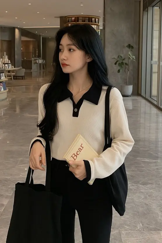 Self Design Peter Pan Collar Cotton Blend Beige, Black T-Shirt