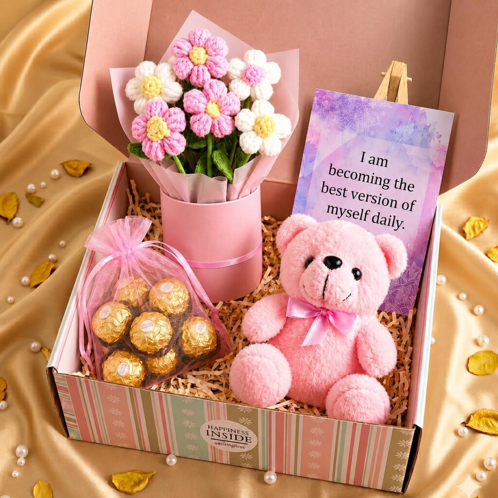 Charming Pink Rakhi Gift Basket with Crochet Bouquet & Treats