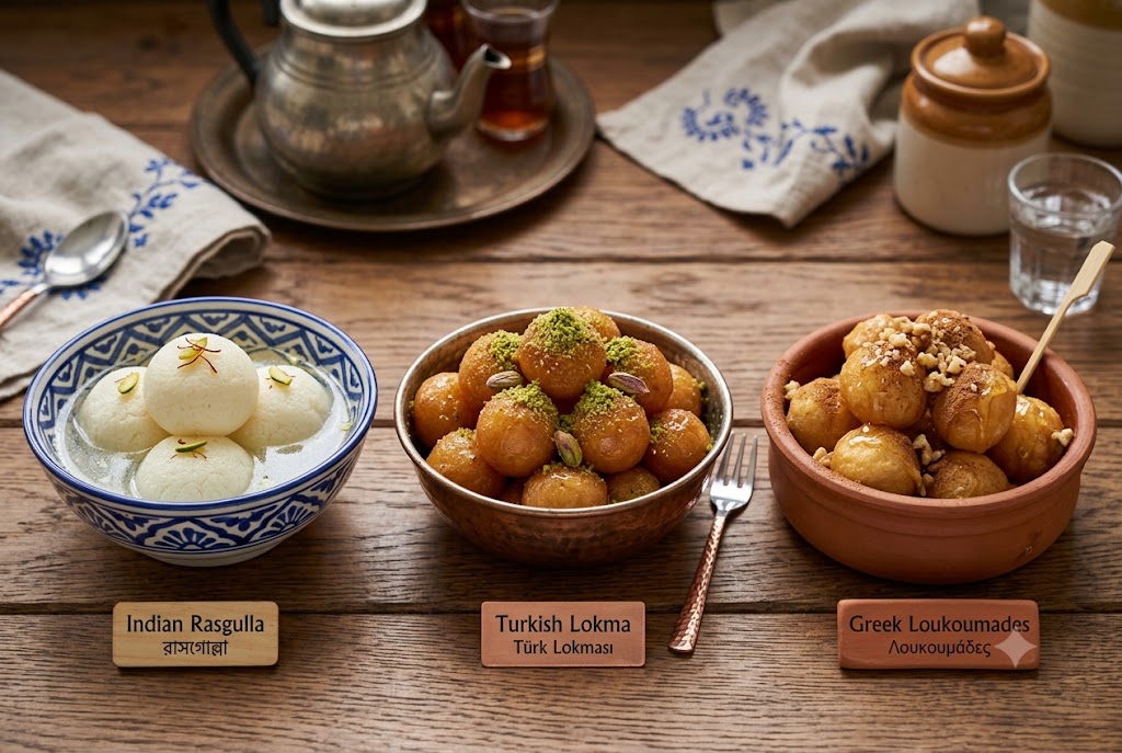Rasgulla vs. Turkish Lokma & Greek Loukoumades